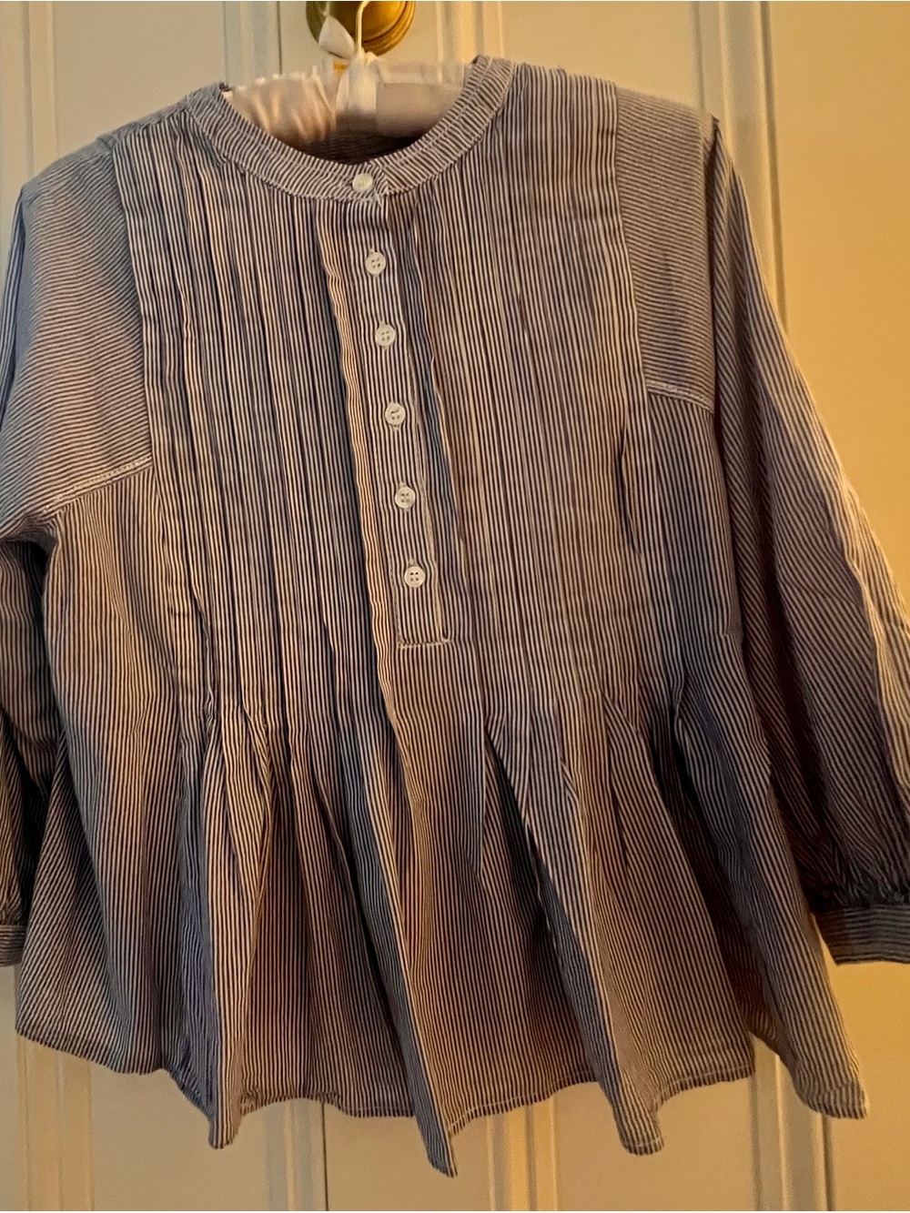 Max Studio Navy and White Striped Peasant Button-Front Top